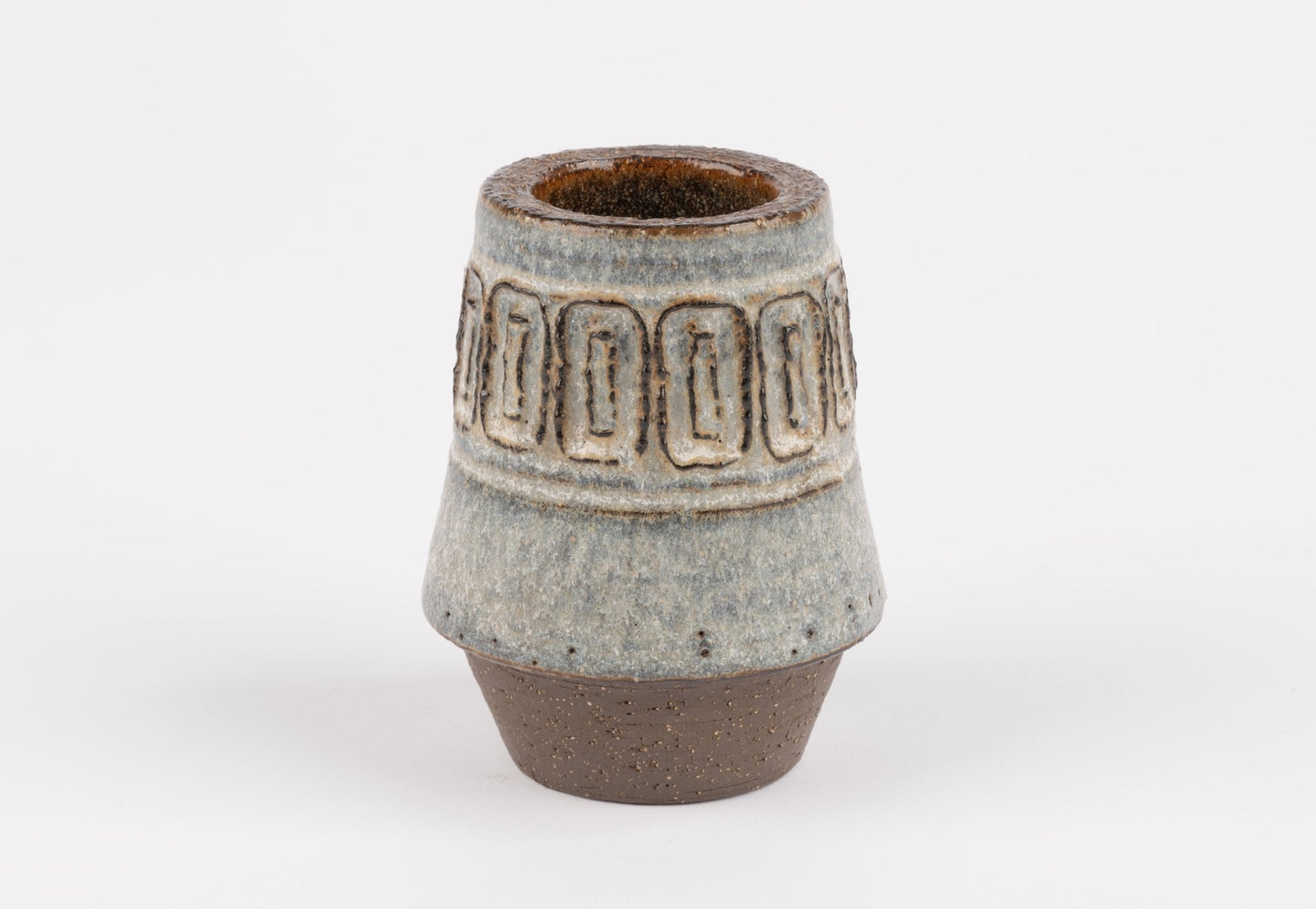 Michael Andersen stoneware vase with carved geometric relief band and textured glaze in Danish ceramic style
