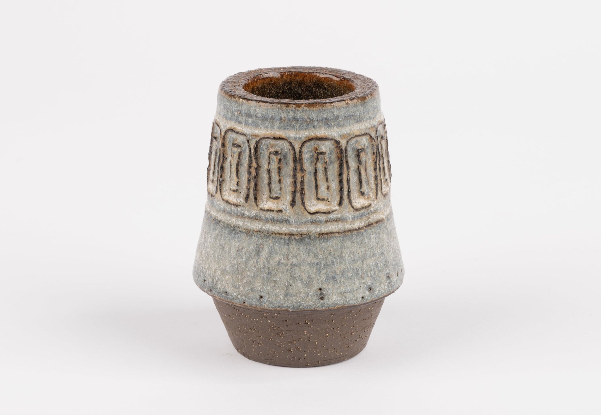 Michael Andersen stoneware vase with carved geometric relief band and textured glaze in Danish ceramic style