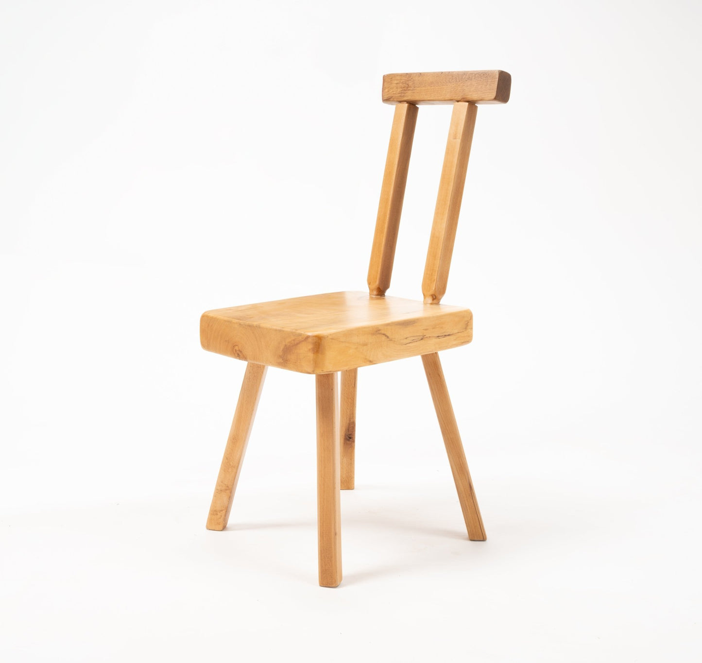 Oversized Mobichalet Brutalist pine chair with minimalist geometric design from 1950s Belgium on white background