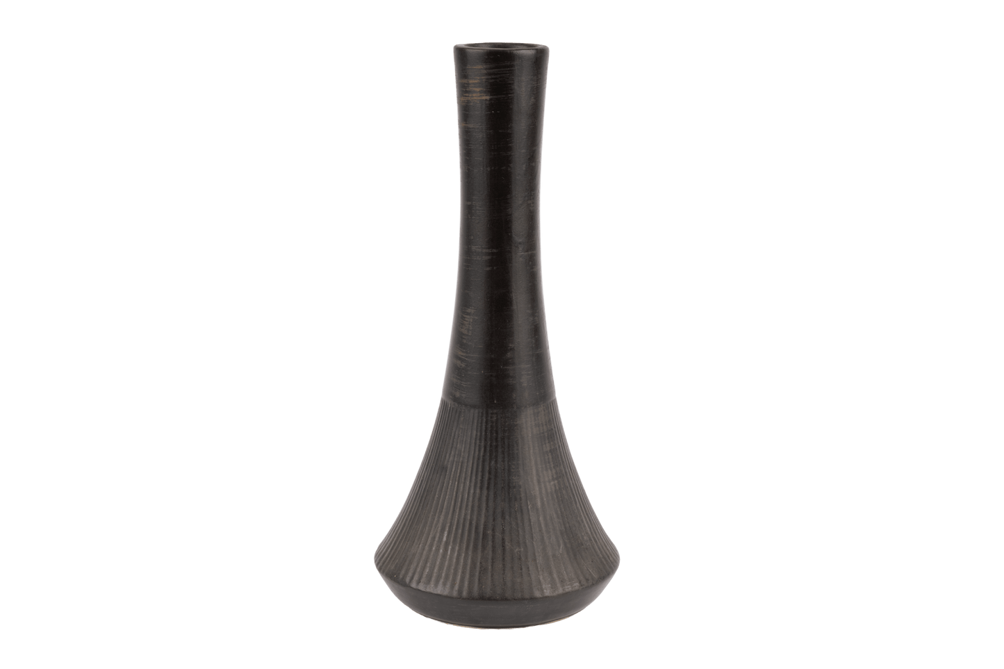 Nelson McCoy pottery vase with tall slender neck and flared ribbed base finished in deep charcoal-black glaze