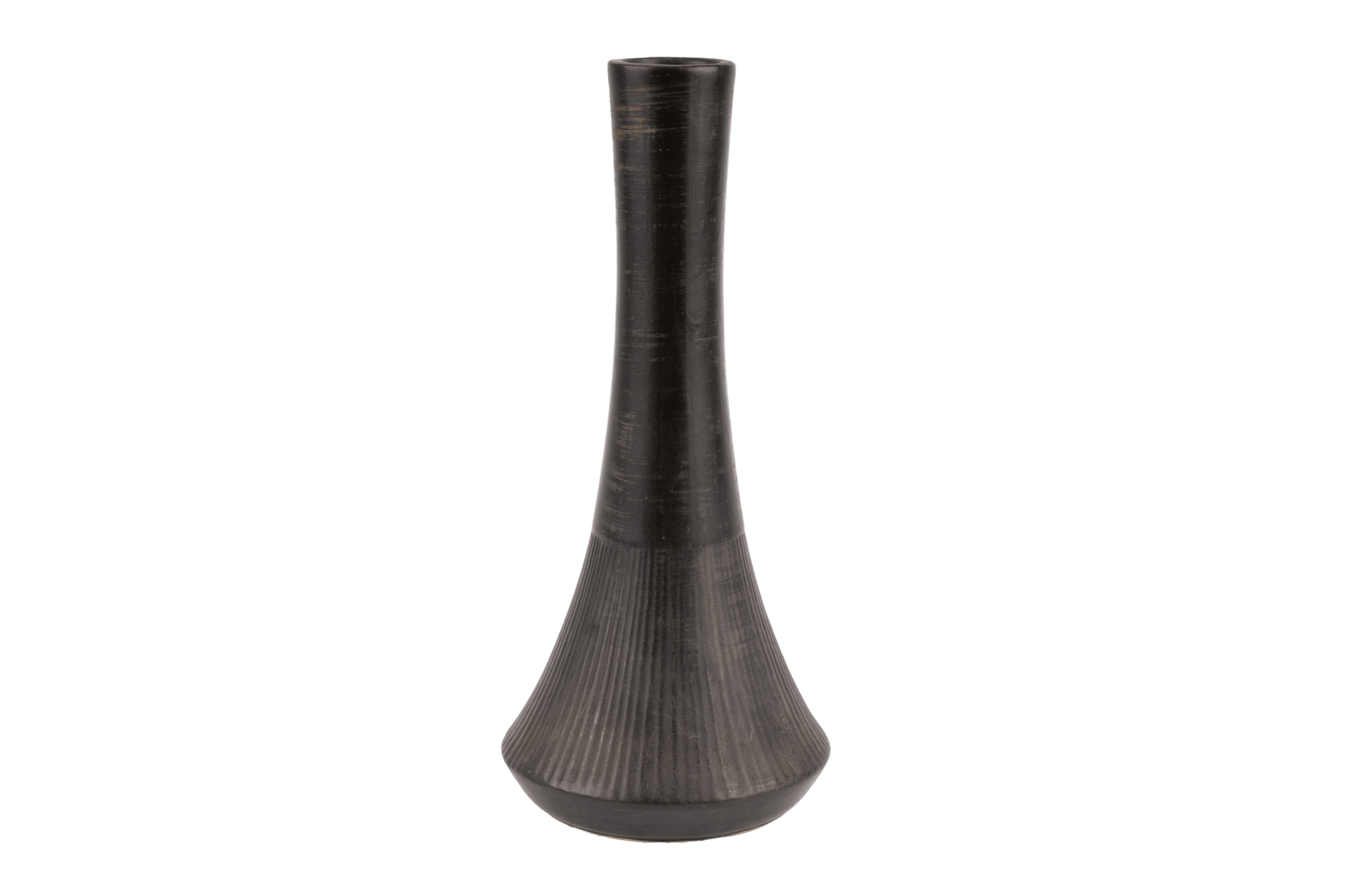 Nelson McCoy pottery vase with tall slender neck and flared ribbed base finished in deep charcoal-black glaze