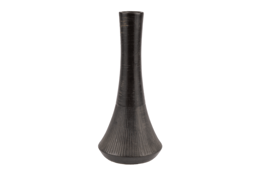Nelson McCoy pottery vase with tall slender neck and flared ribbed base finished in deep charcoal-black glaze