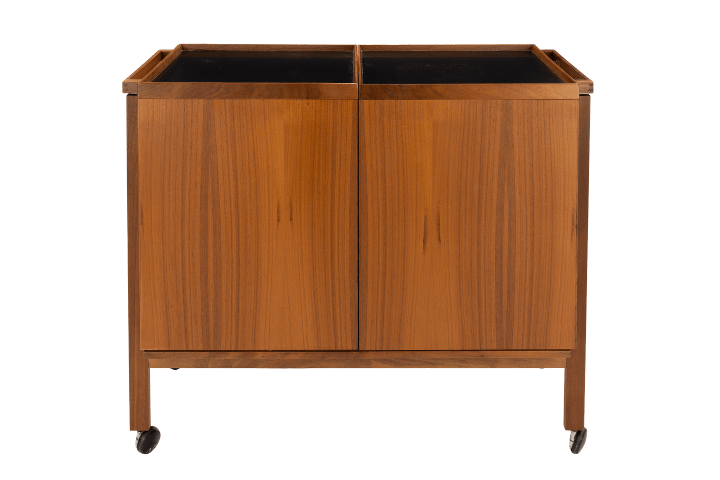 Niels Erik & Glasdam Jensen Teak Expanding Bar Cart showing the front view of a warm teak wood finish with sleek clean lines, minimalist design, and caster wheels for easy mobility.