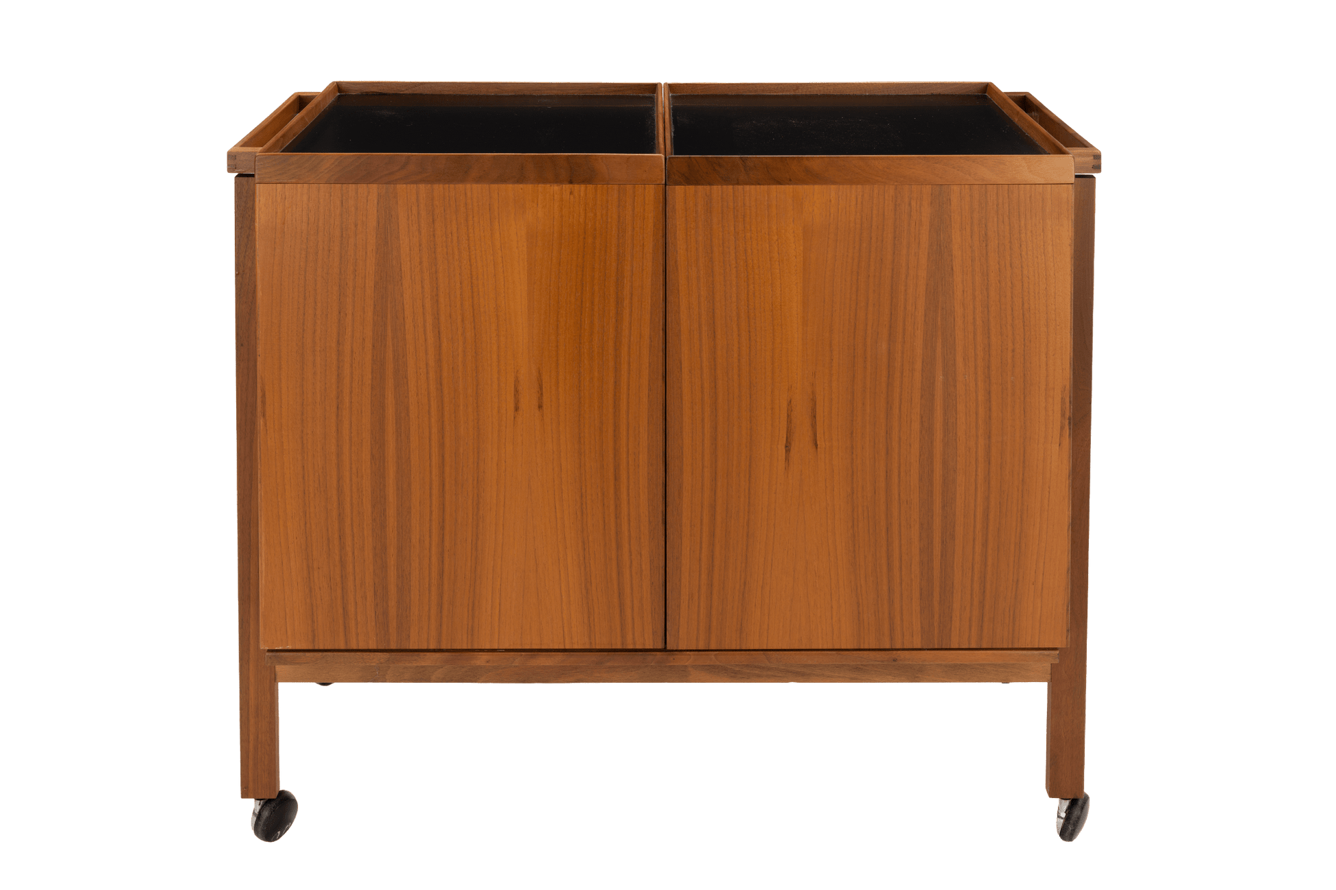 Niels Erik & Glasdam Jensen Teak Expanding Bar Cart showing the front view of a warm teak wood finish with sleek clean lines, minimalist design, and caster wheels for easy mobility.
