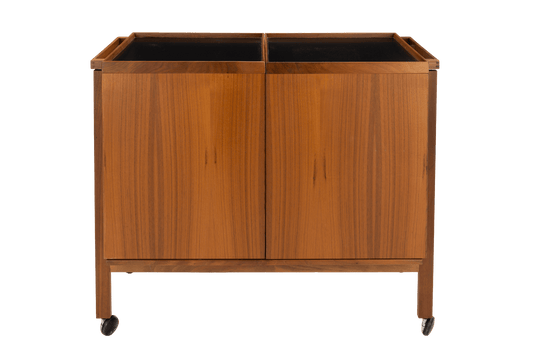 Niels Erik & Glasdam Jensen Teak Expanding Bar Cart showing the front view of a warm teak wood finish with sleek clean lines, minimalist design, and caster wheels for easy mobility.