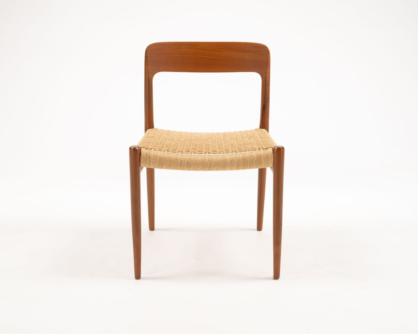 Niels Otto Moller Danish solid teak dining chairs with woven papercord seat, minimalist 1960s design from Denmark