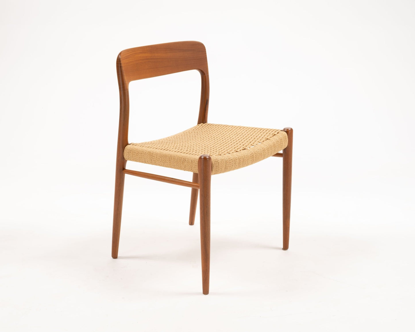 Single Niels Otto Moller Danish teak dining chair with woven papercord seat, 1960s minimalist design from Denmark.