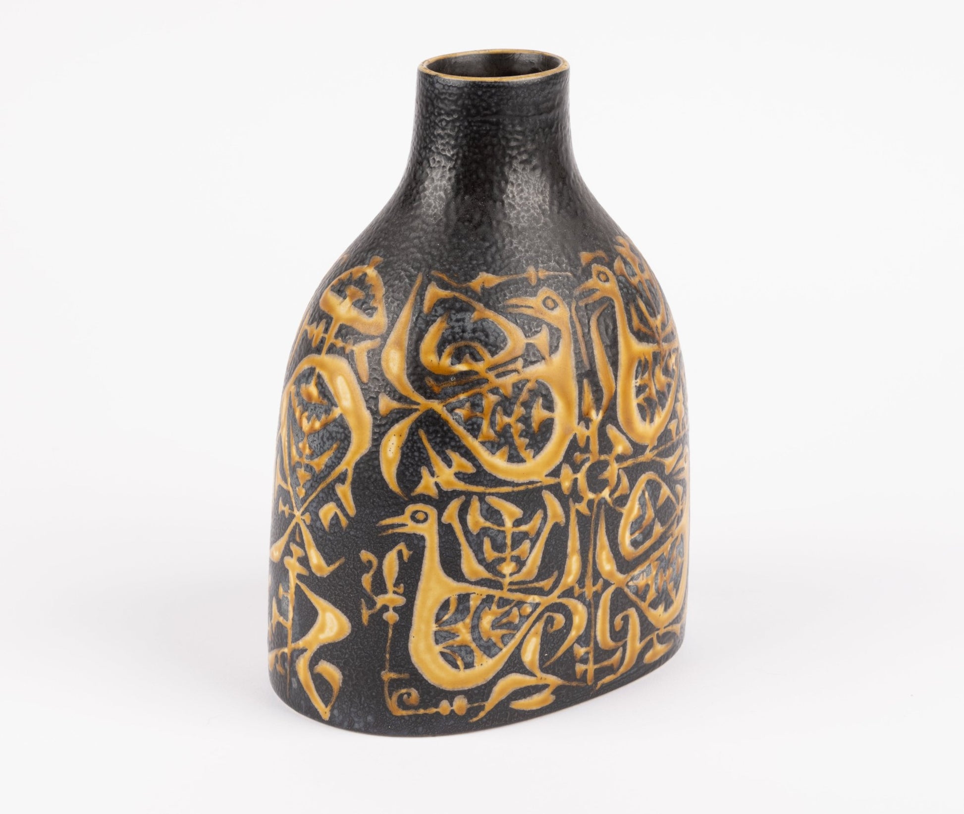 1960s Nils Thorsson fajance vase with black glaze and yellow bird motifs for Royal Copenhagen