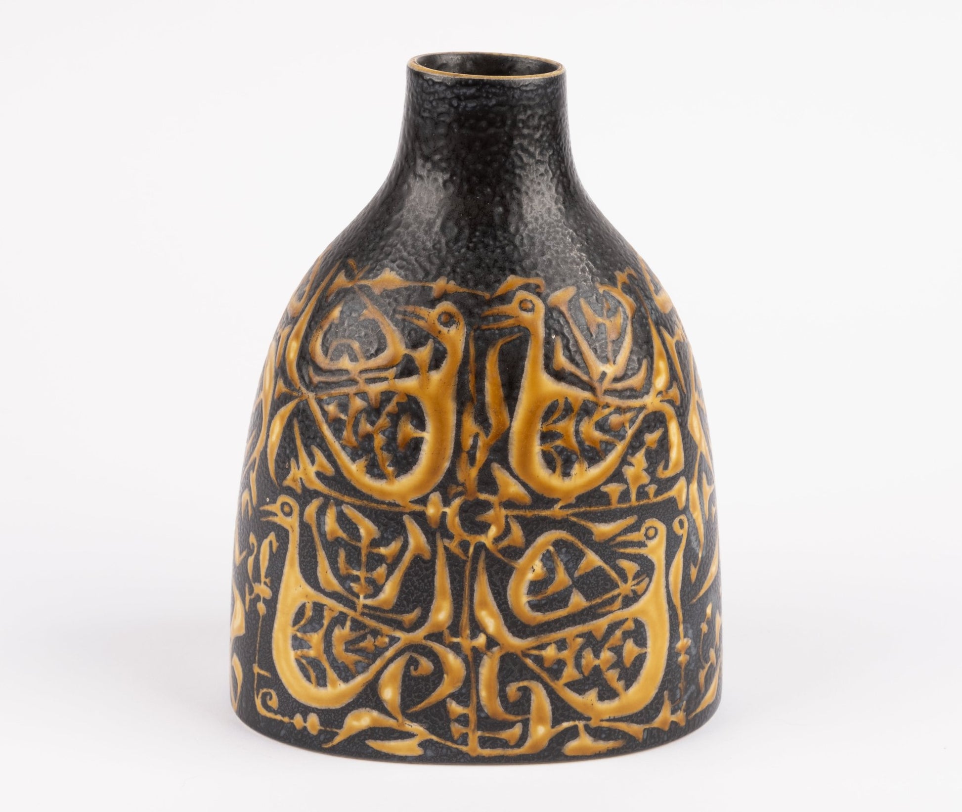 1960s Nils Thorsson Royal Copenhagen fajance vase with black and gold intricate bird pattern on ceramic body