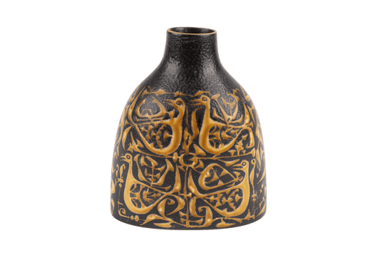 1960s Nils Thorsson fajance vase for Royal Copenhagen with sculptural form and graphic bird decoration