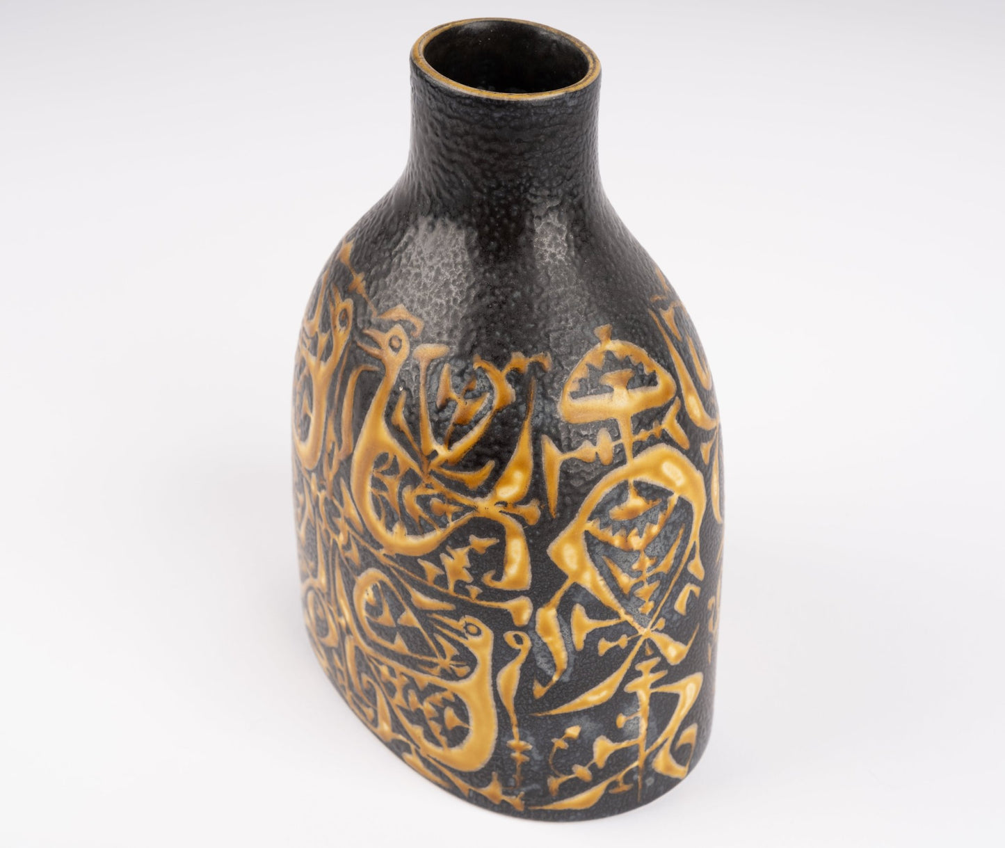 1960s Nils Thorsson fajance vase for Royal Copenhagen with black glaze and abstract gold graphic decoration