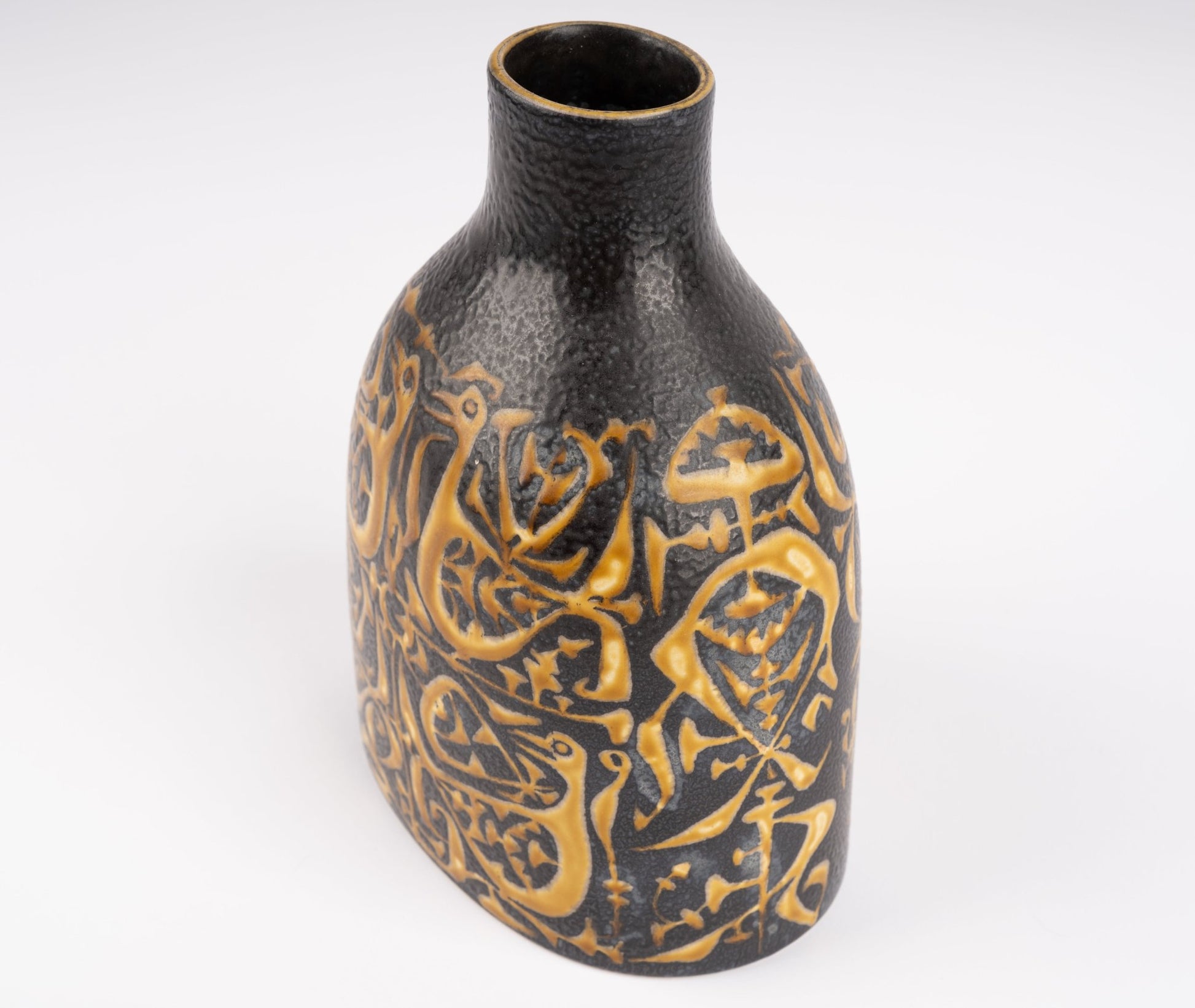 1960s Nils Thorsson fajance vase for Royal Copenhagen with black glaze and abstract gold graphic decoration