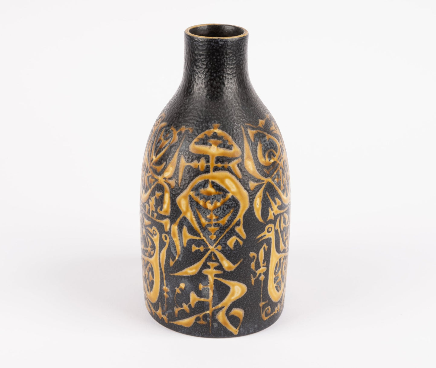 Nils Thorsson mid-century Scandinavian black and gold fajance vase with abstract graphic surface for Royal Copenhagen