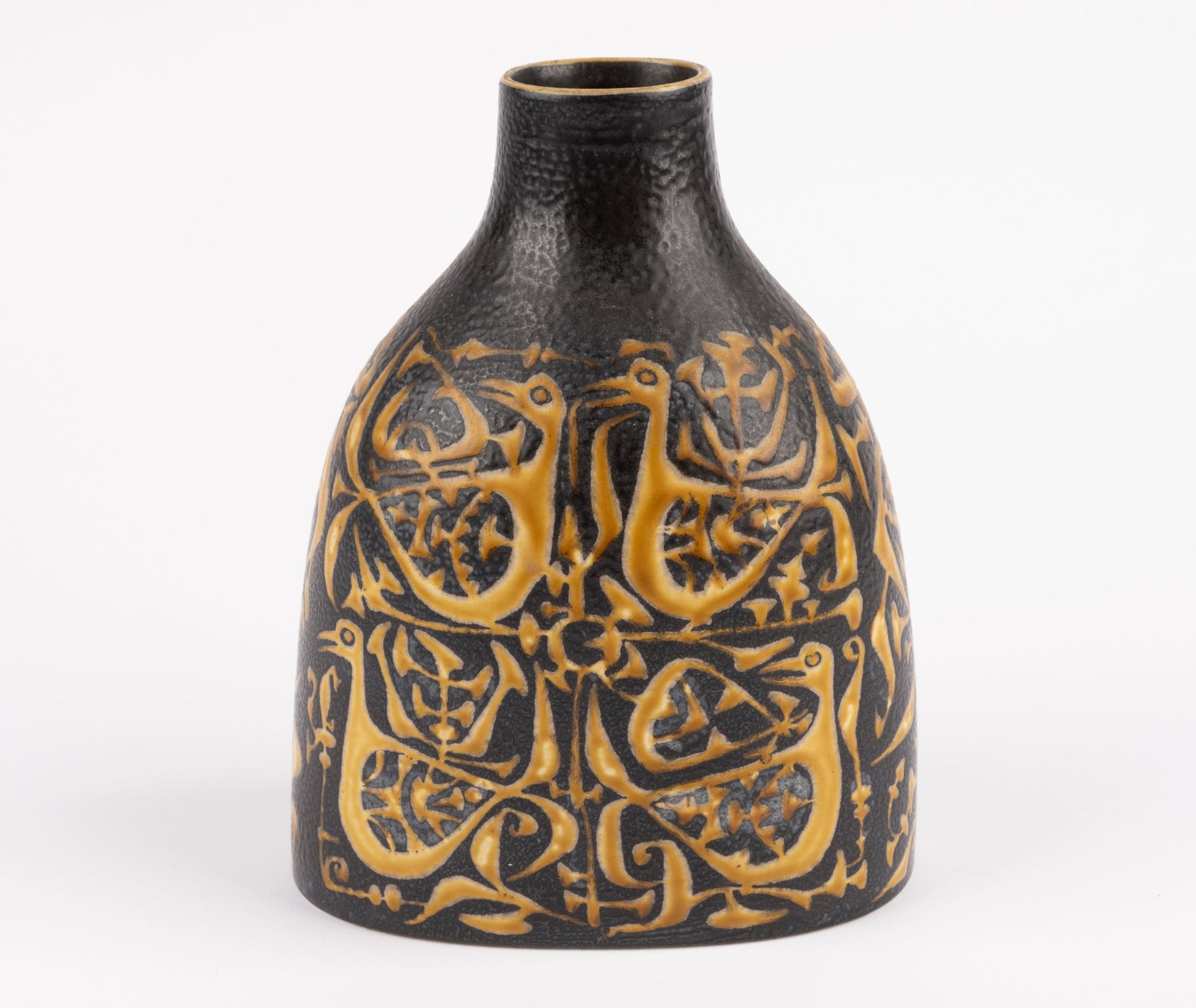 1960s Nils Thorsson fajance vase with bird motif in black and ochre glaze for Royal Copenhagen