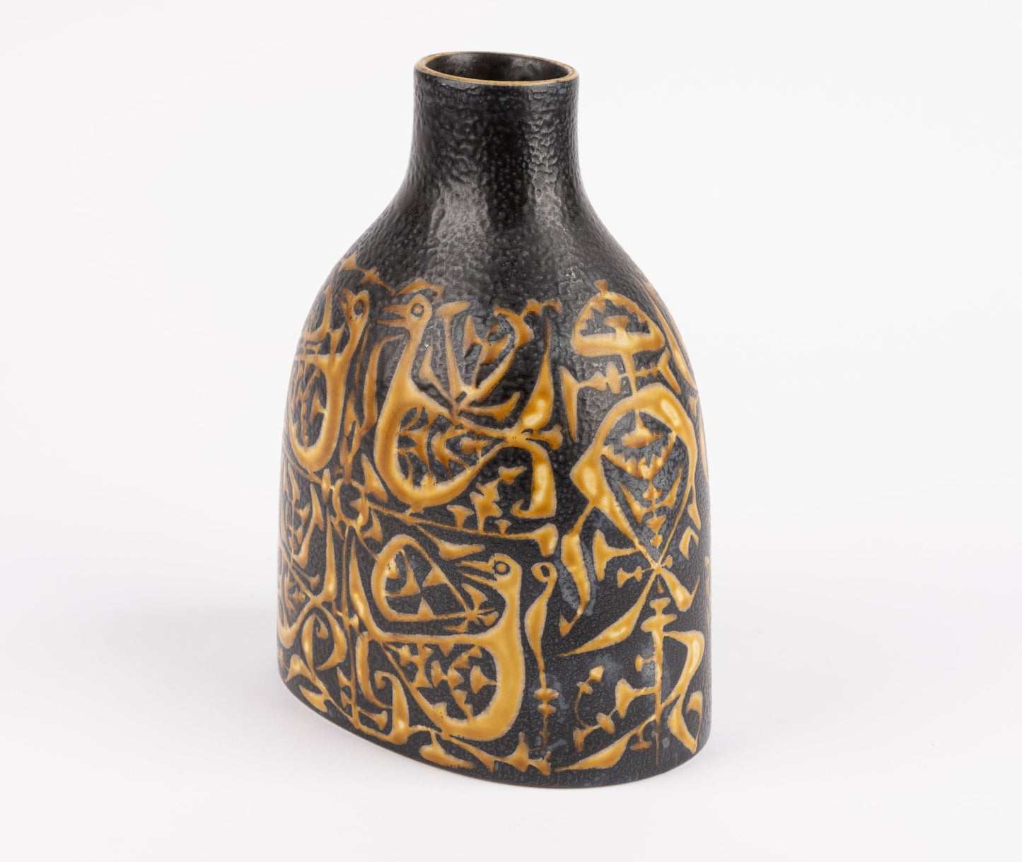 1960s Nils Thorsson fajance vase for Royal Copenhagen with black and gold abstract bird and geometric pattern
