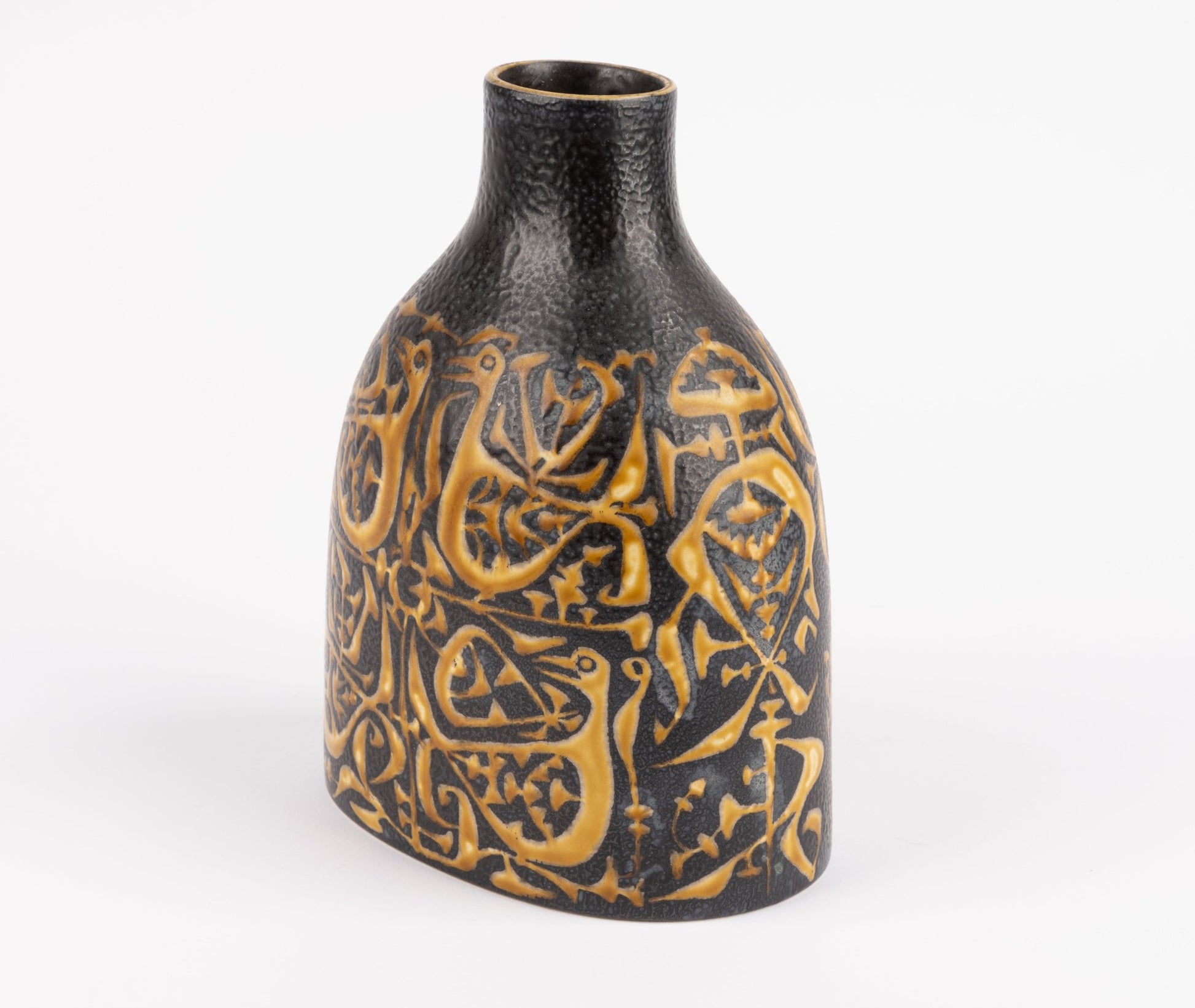 1960s Nils Thorsson fajance vase for Royal Copenhagen with black and gold abstract bird and geometric pattern