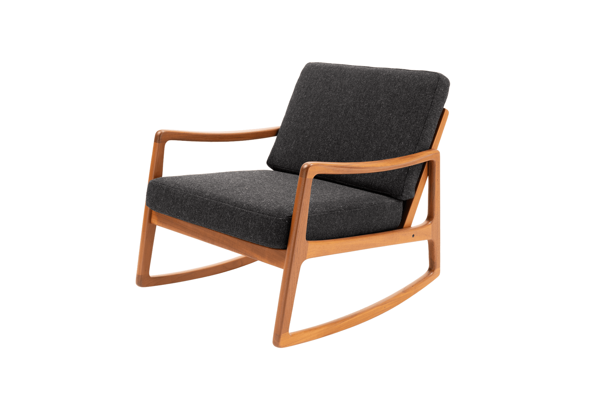 Ole Wanscher mid-century modern teak rocking chair with sculpted armrests and dark upholstered cushions.