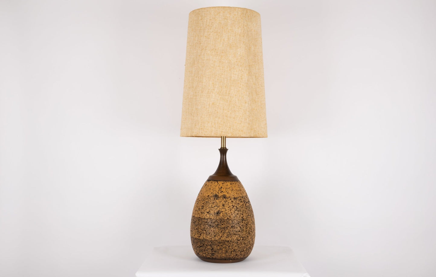 Very large vintage mid-century modern cork lamp with walnut base and neck, featuring original vintage lampshade.