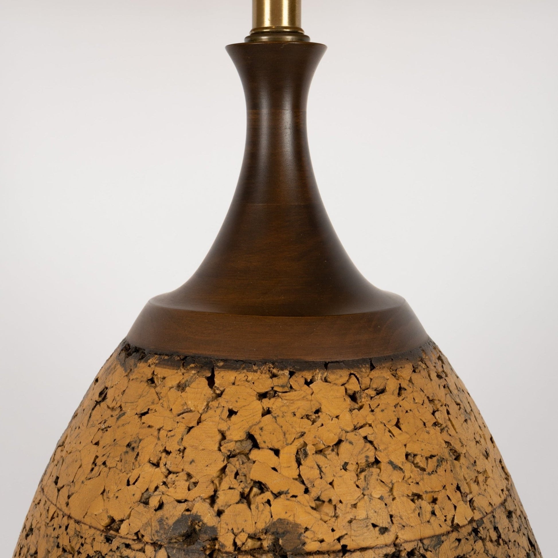 Vintage mid-century modern oversized cork lamp with walnut base and neck, featuring original lamp shade.
