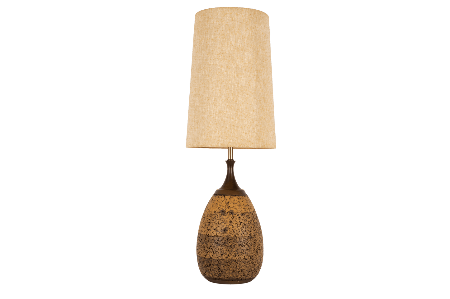 Very large vintage mid-century modern cork lamp with walnut base and neck, topped with original beige lamp shade.