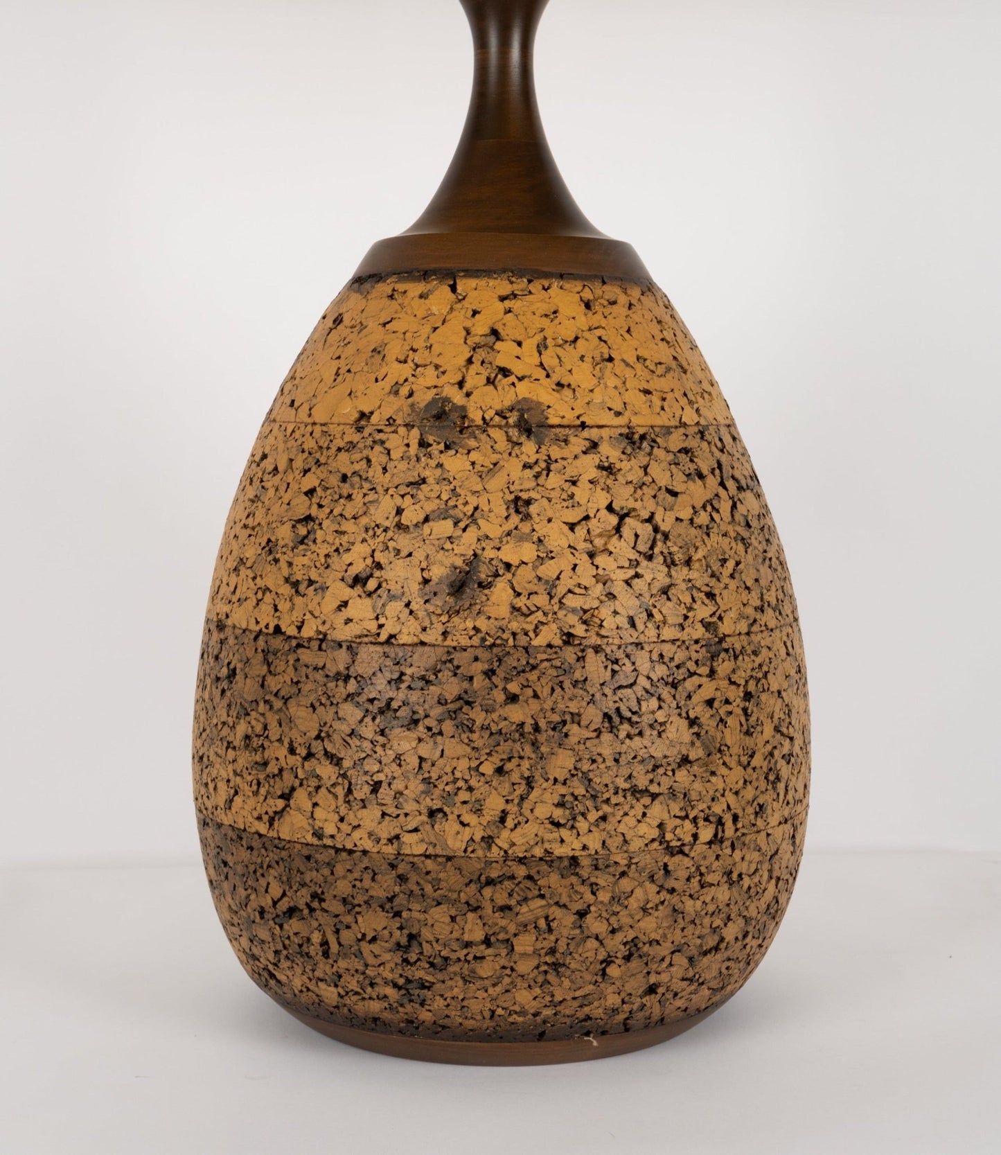 Very large vintage mid-century cork lamp with walnut base and neck, featuring original vintage lampshade.