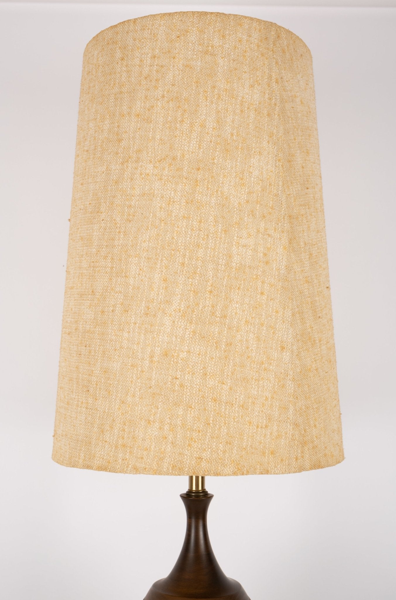 Vintage oversized mid-century modern cork lamp with original fabric shade and walnut base accents