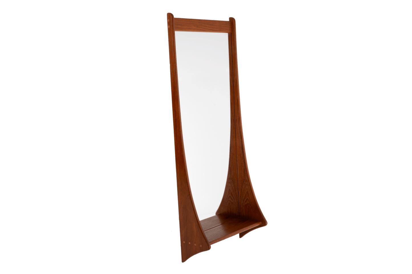 Mid-century modern Pedersen & Hansen teak wall mirror with sculpted frame and detailed dowel accents on white background.