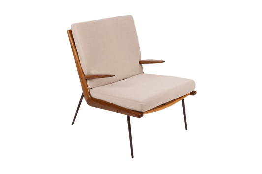 Peter Hvidt "Boomerang" lounge chair with teak frame, brass tapered legs, and beige upholstered cushions.