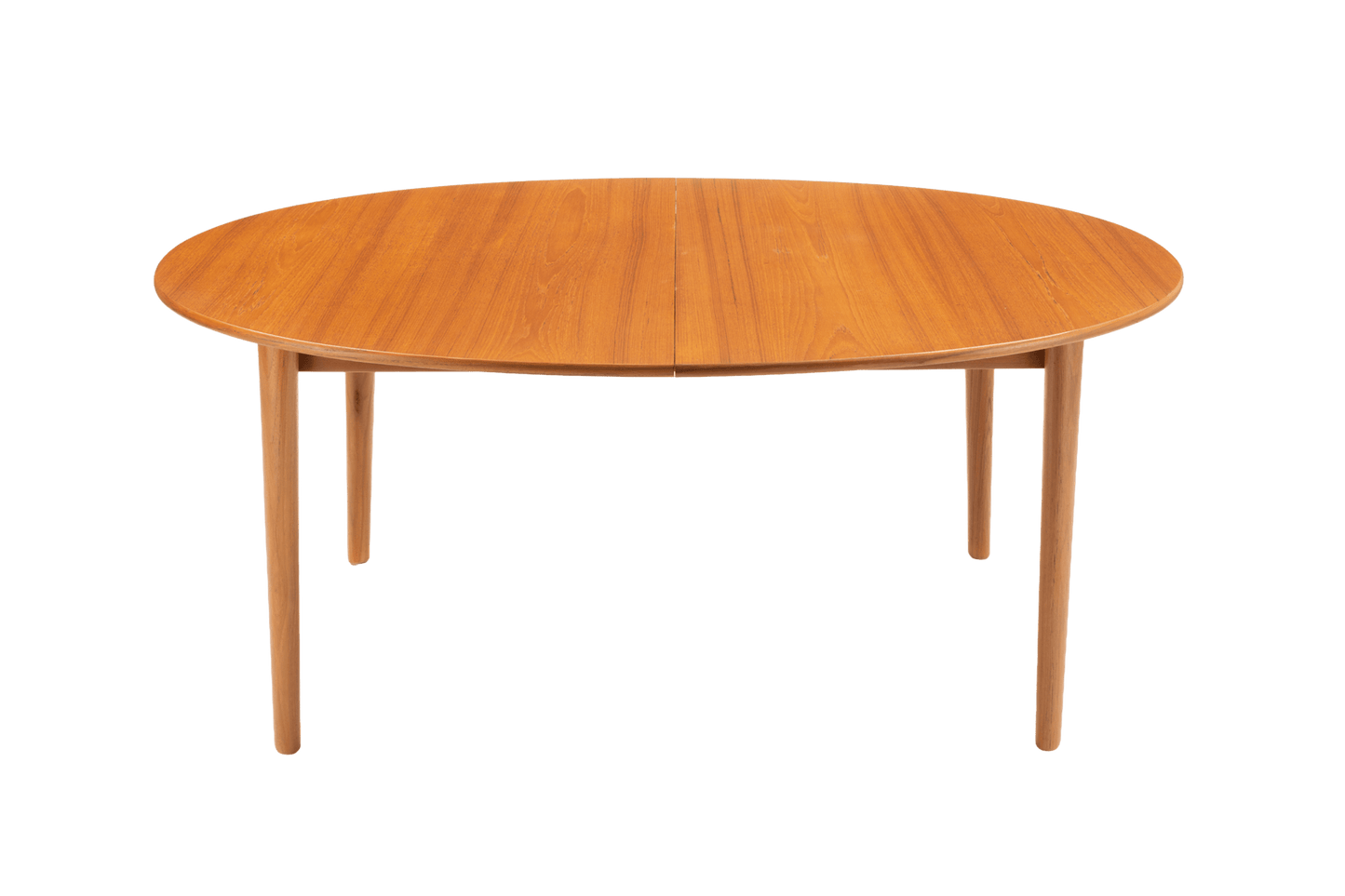 Peter Hvidt Model 311 extendable round teak dining table with tapered turned legs, mid-century Danish design.