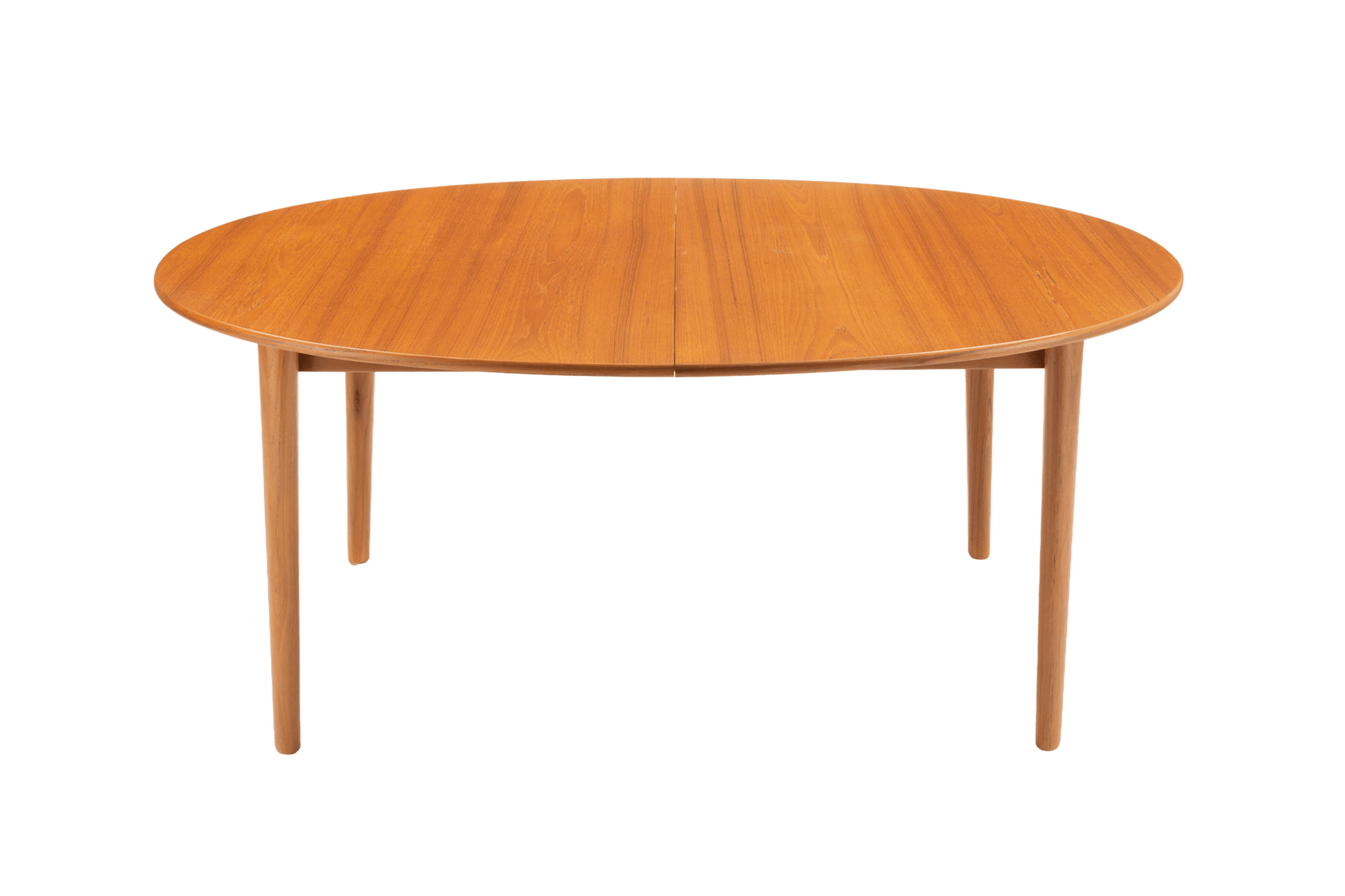 Peter Hvidt Model 311 extendable round teak dining table with tapered turned legs, mid-century Danish design.