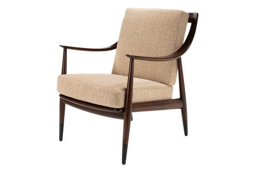 Peter Hvidt Model FD 145 Lounge Chair with sculpted walnut arms beige upholstery and tapered legs in vintage Danish furniture style