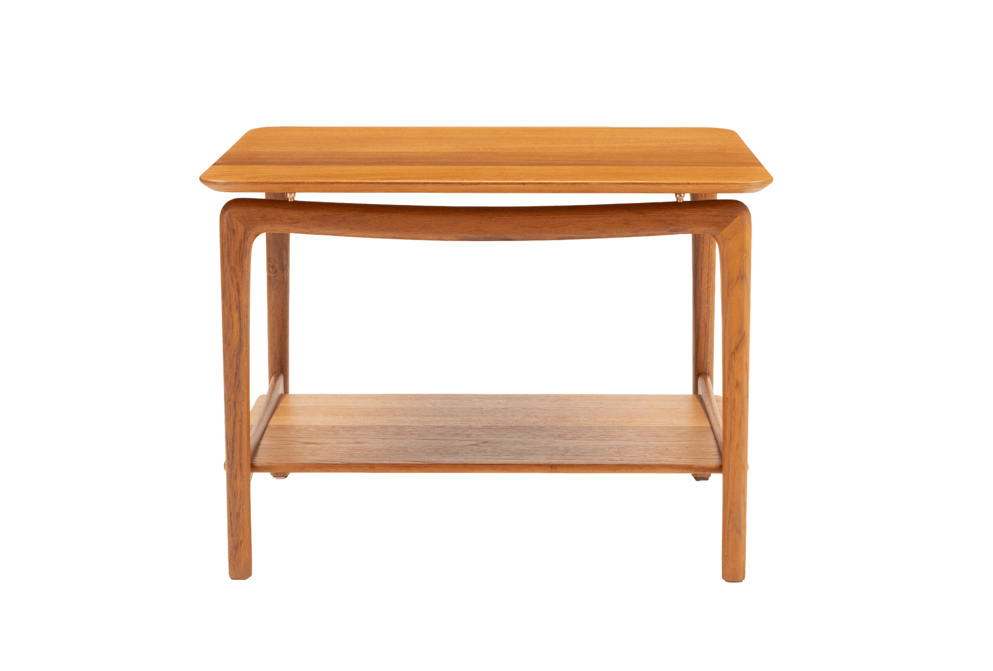 Peter Hvidt & Molgaard teak side table with sculpted legs and lower shelf on white background