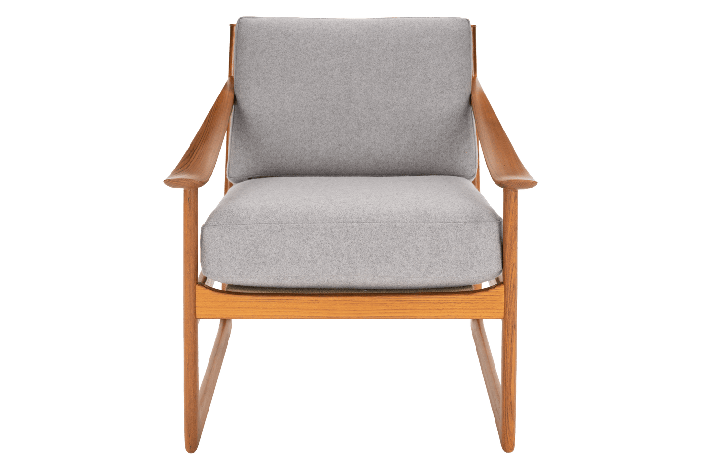 Front-facing view of a mid-century modern armchair with grey cushions and warm wooden frame against white background