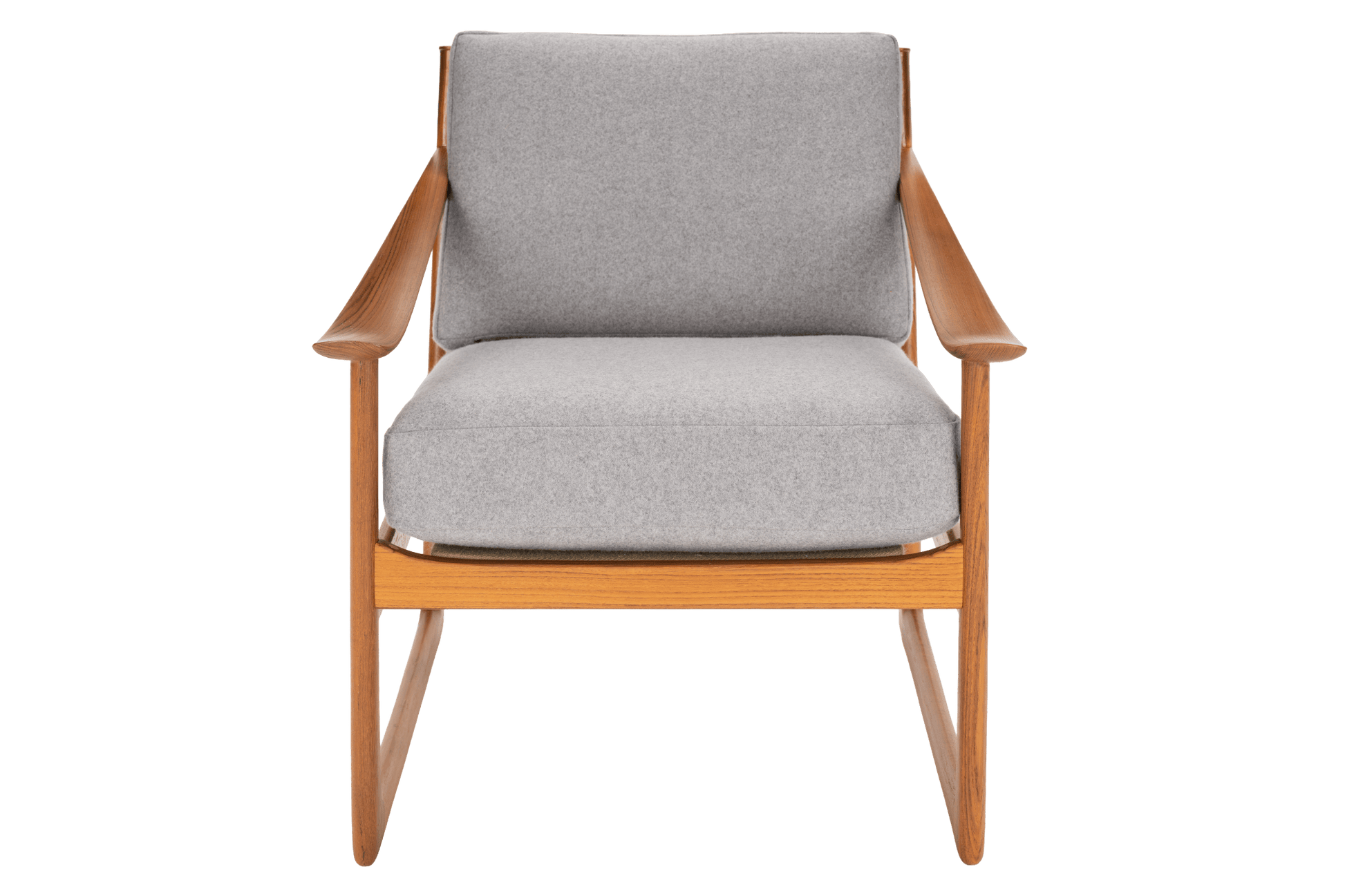 Front-facing view of a mid-century modern armchair with grey cushions and warm wooden frame against white background