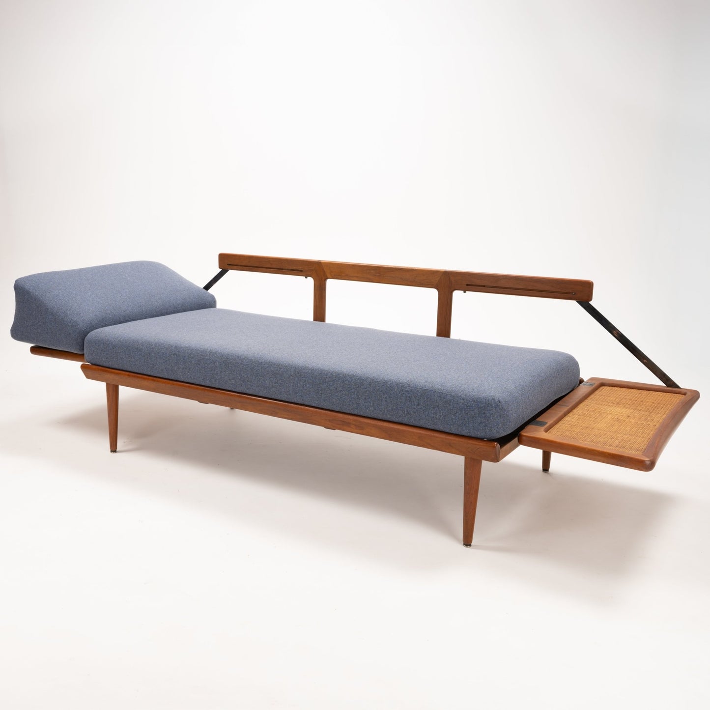 Peter Hvidt & Orla Molgaard Model FD 451 Daybed/Sofa in blue upholstery with teak frame raised back rail and woven cane side table vintage Danish furniture