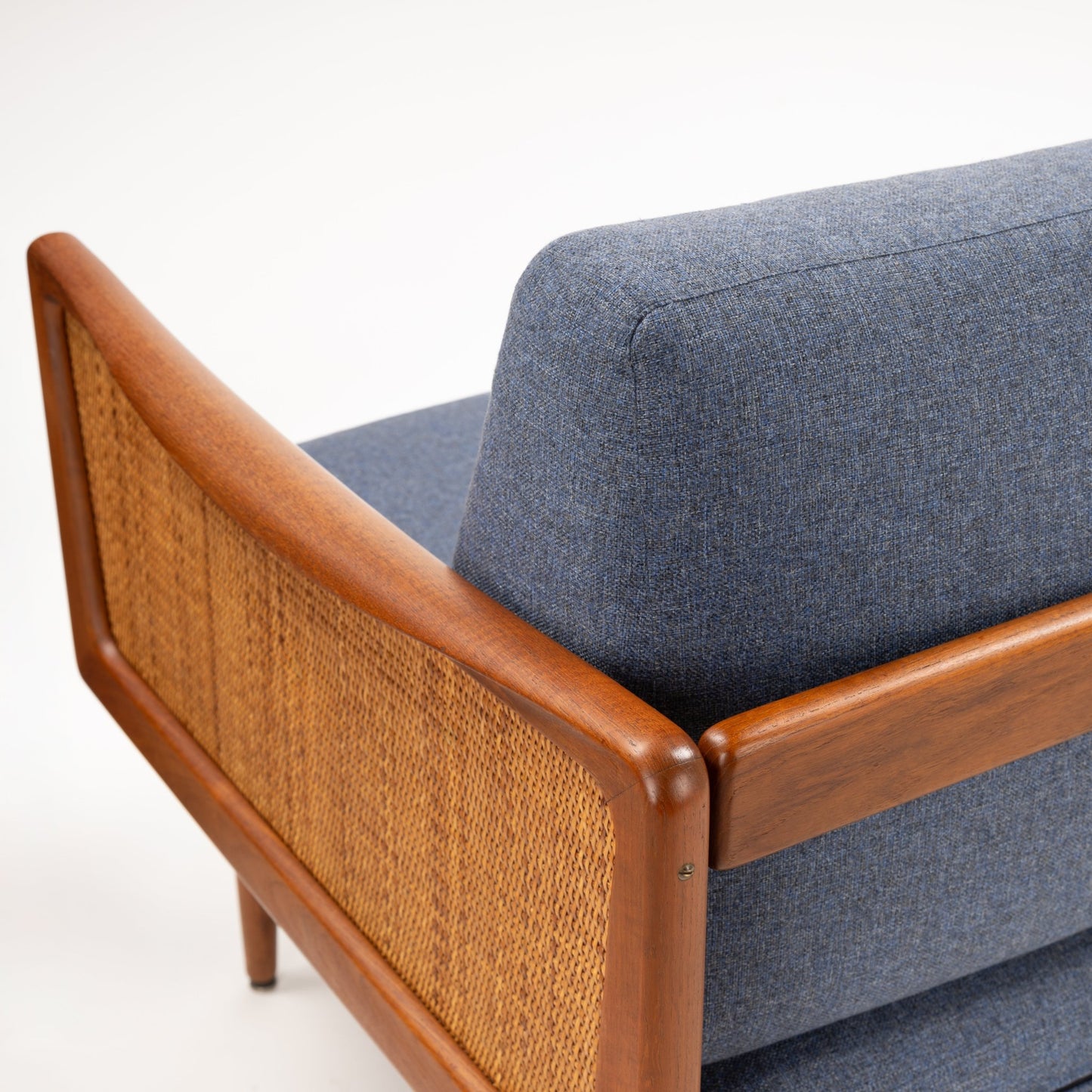 Peter Hvidt & Orla Molgaard Model FD 451 Daybed/Sofa rear detail with blue upholstery woven cane back and warm teak frame in vintage Danish furniture style