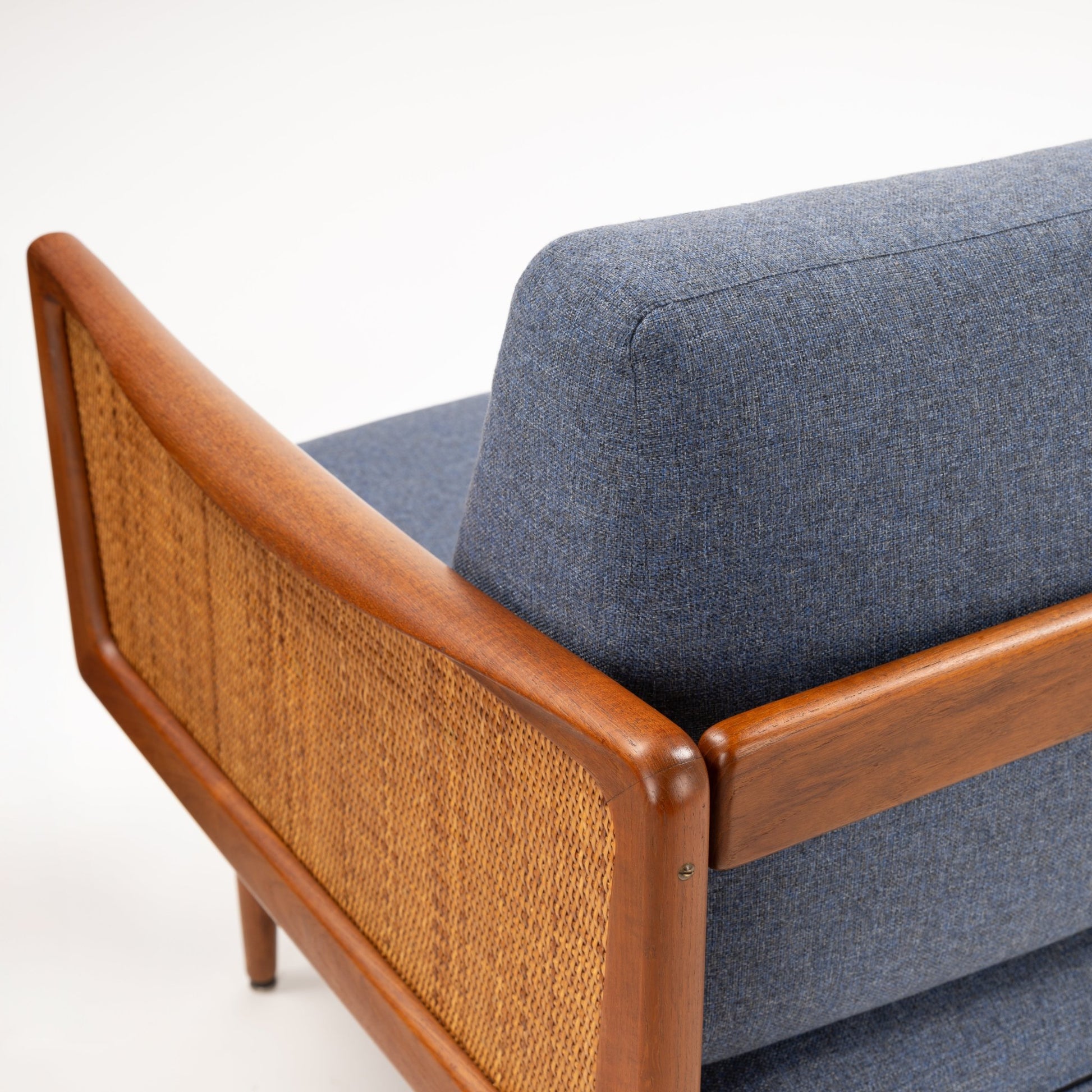 Peter Hvidt & Orla Molgaard Model FD 451 Daybed/Sofa rear detail with blue upholstery woven cane back and warm teak frame in vintage Danish furniture style