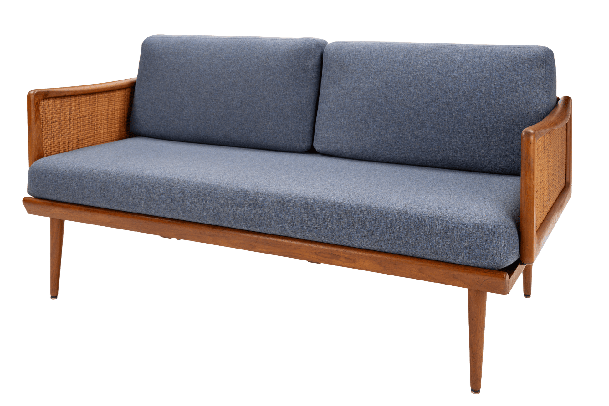Peter Hvidt & Orla Molgaard Model FD 451 Daybed/Sofa with blue cushions woven wood arms and tapered legs in vintage Danish furniture style