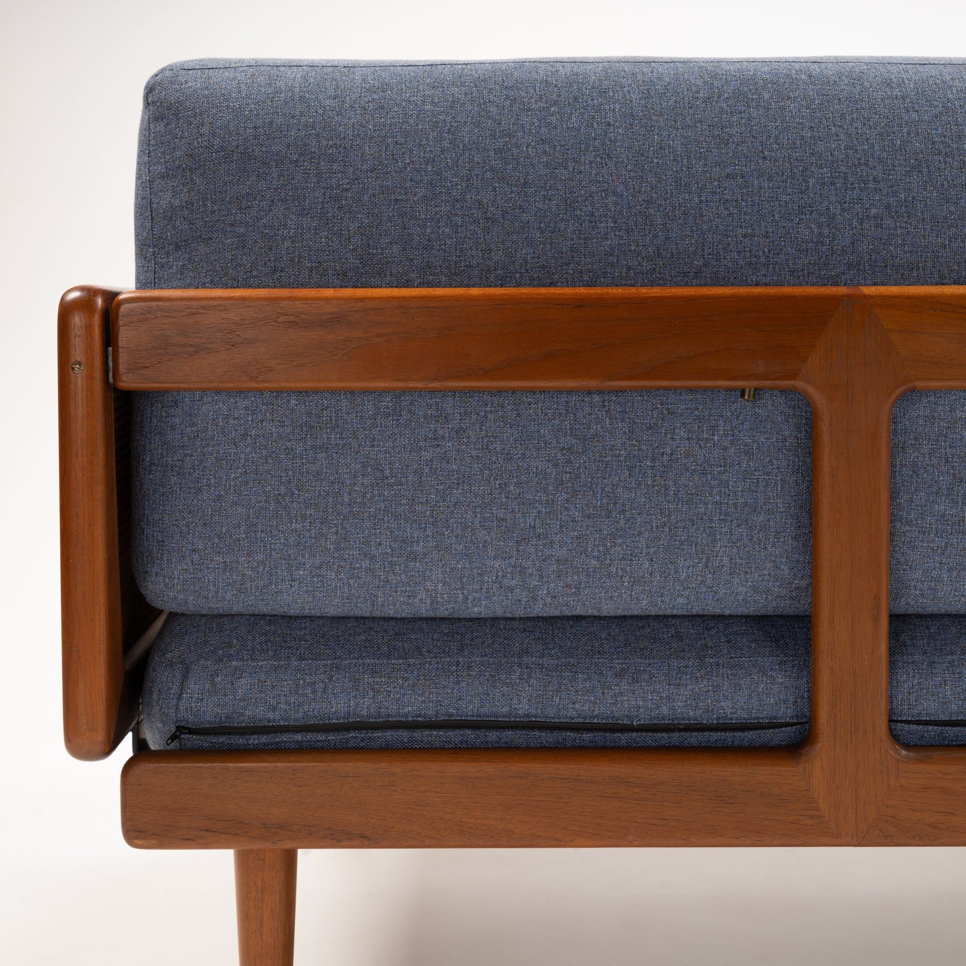 Peter Hvidt & Orla Molgaard Model FD 451 Daybed/Sofa detail showing slate blue upholstery and polished teak frame in vintage Danish furniture style