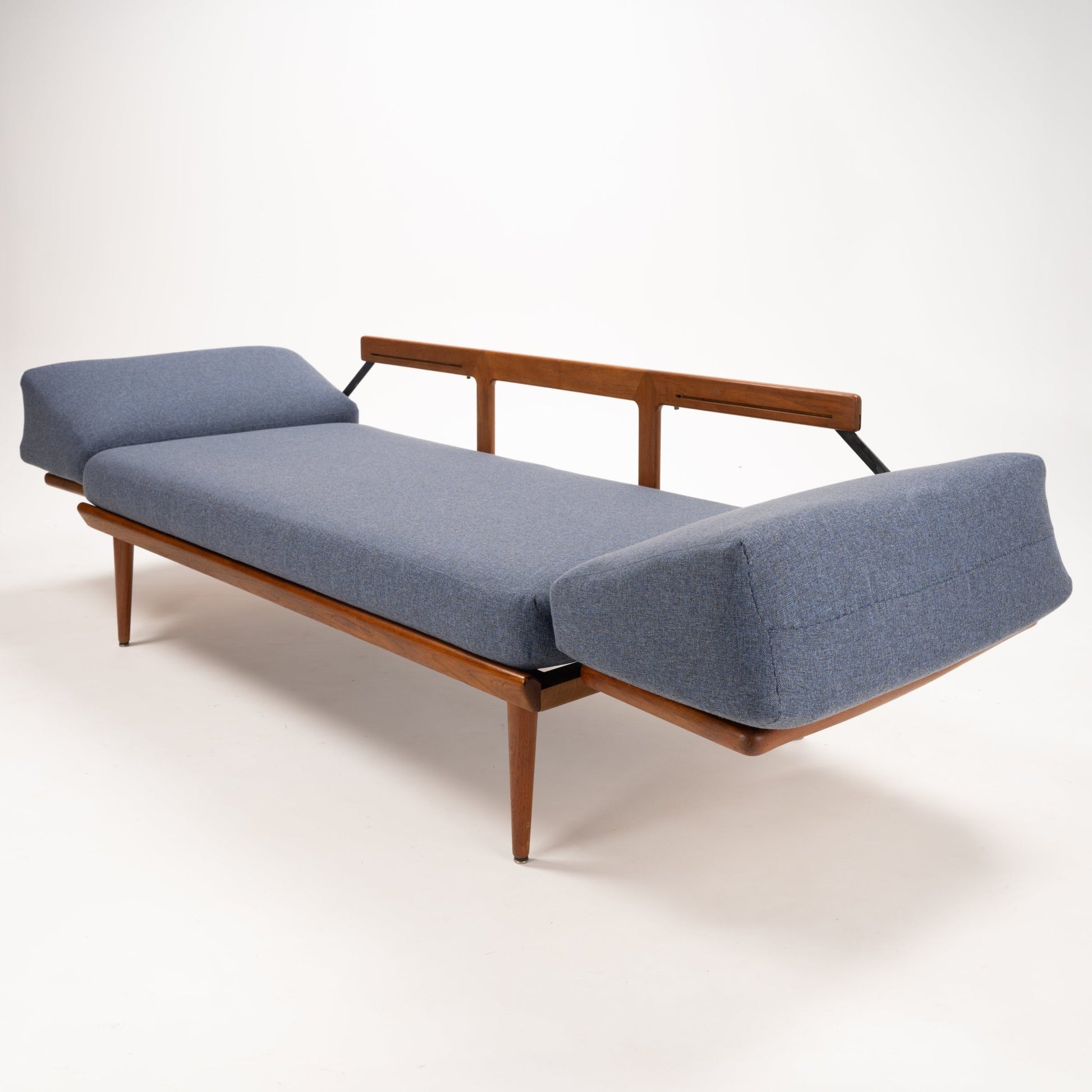 Peter Hvidt & Orla Molgaard Model FD 451 Daybed/Sofa in blue upholstery with teak frame raised back rail and tapered legs vintage Danish furniture
