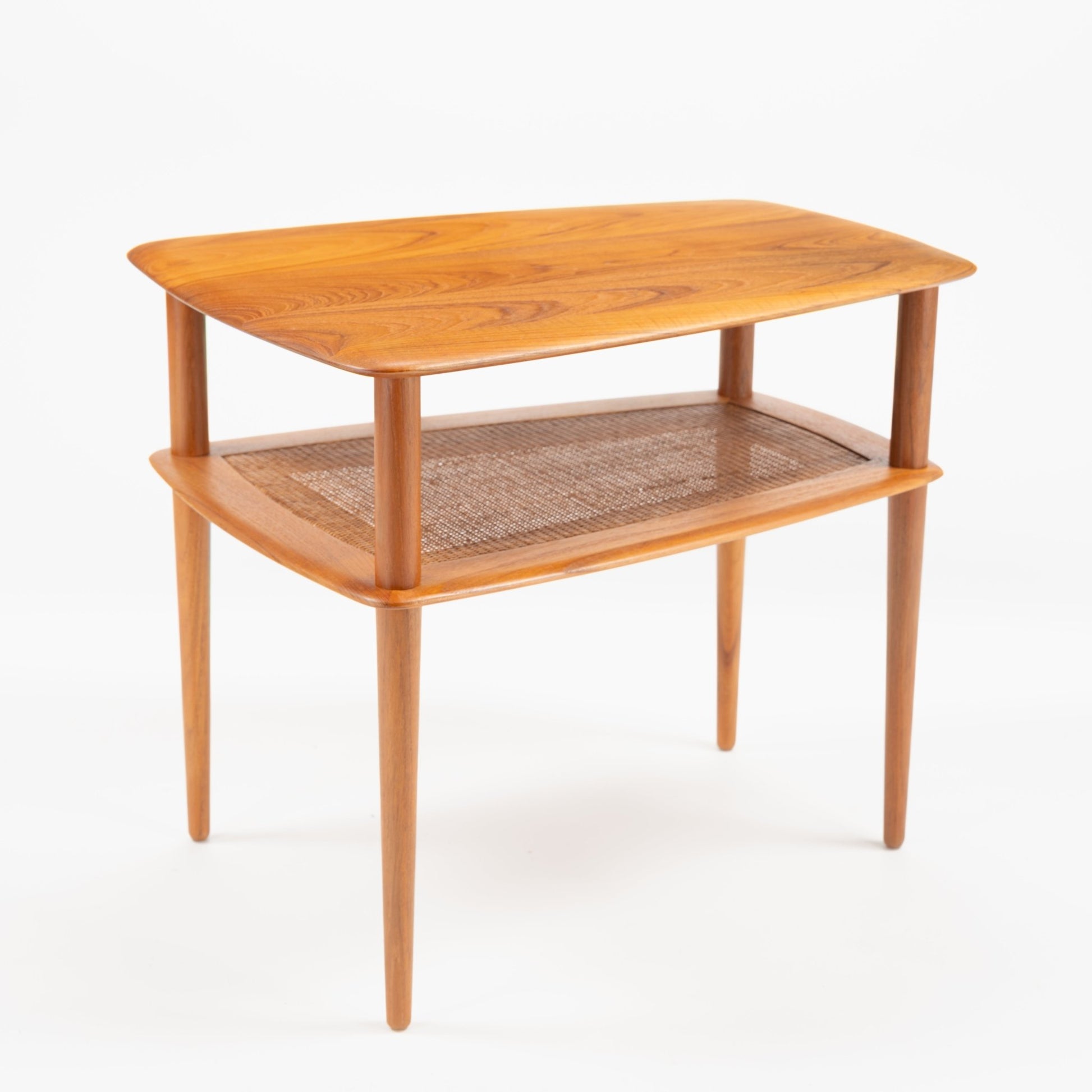Peter Hvidt & Orla Molgaard Pair of End Tables with smooth wooden tops featuring natural grain, woven cane lower shelves, and tapered legs exemplifying refined mid century modern furniture design.