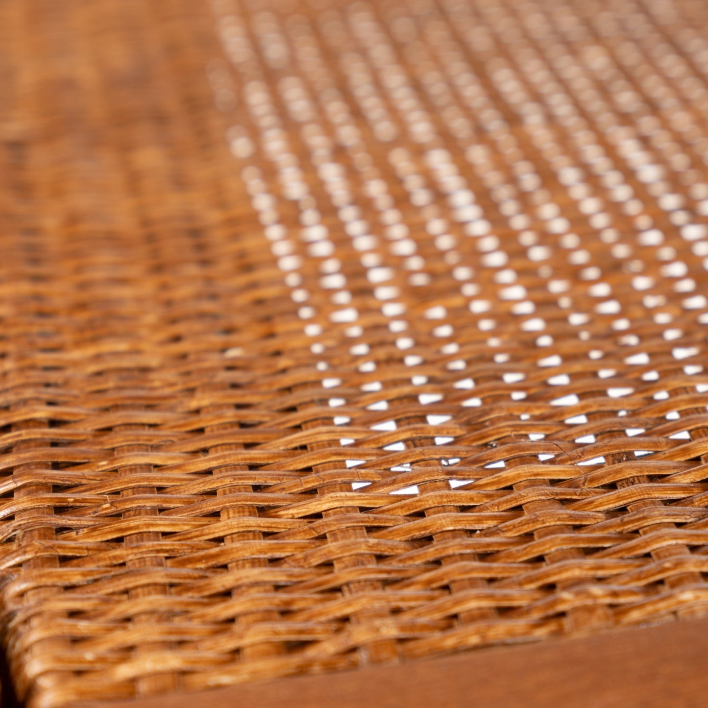 Peter Hvidt & Orla Molgaard Pair of End Tables featuring a detailed close-up of the woven cane lower shelf with warm honey tones, highlighting vintage Danish mid century modern craftsmanship.