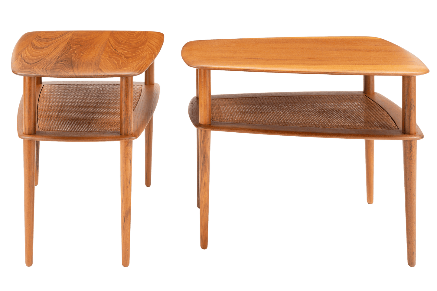 Peter Hvidt & Orla Molgaard Pair of End Tables showcasing smooth, rounded wooden tops and woven lower shelves supported by slender, tapered legs in mid century modern style.