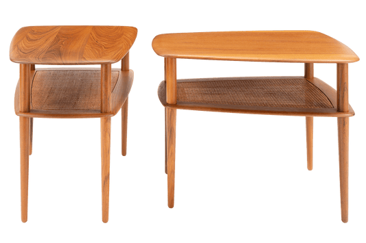 Peter Hvidt & Orla Molgaard Pair of End Tables showcasing smooth, rounded wooden tops and woven lower shelves supported by slender, tapered legs in mid century modern style.