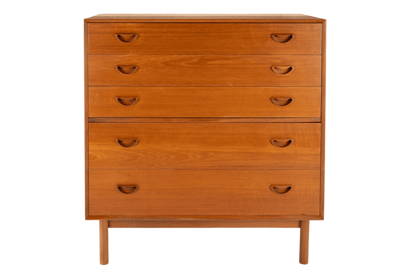 Peter Hvidt & Orla Nielsen Teak Chest of Drawers featuring warm teak wood with five drawers, curved recessed handles, and a clean-lined design embodying vintage Danish mid century modern storage furniture.