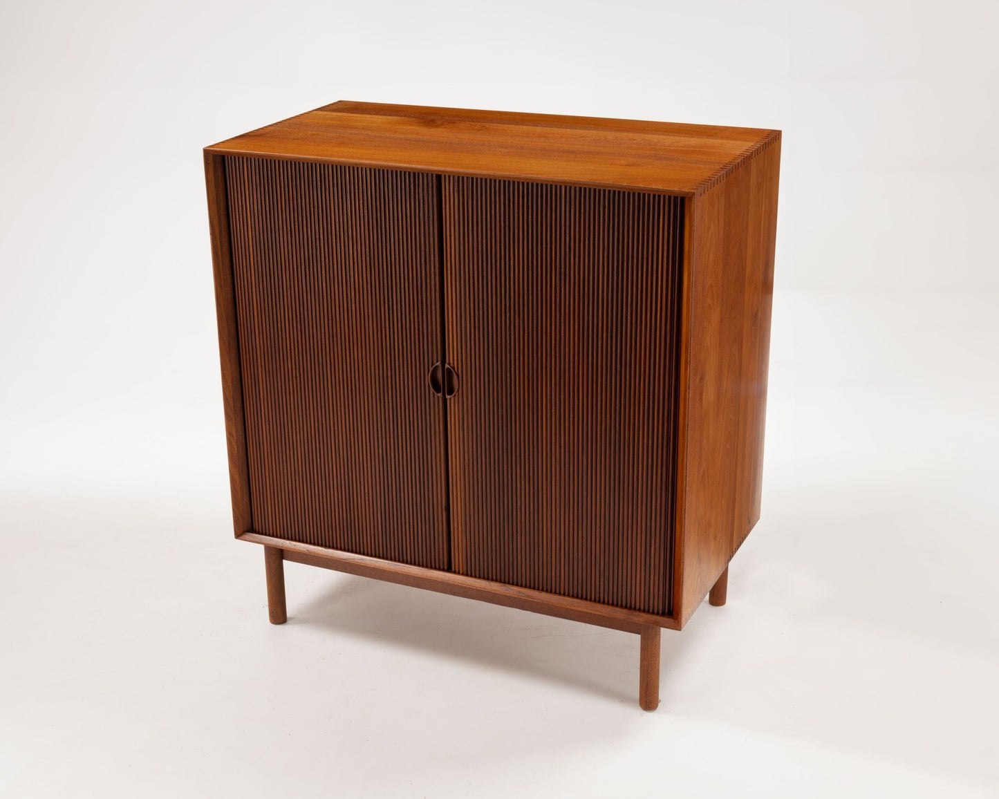 Peter Hvidt vintage tambour door cabinet in solid Burmese teak with clean lines, Danish 1950s modern design