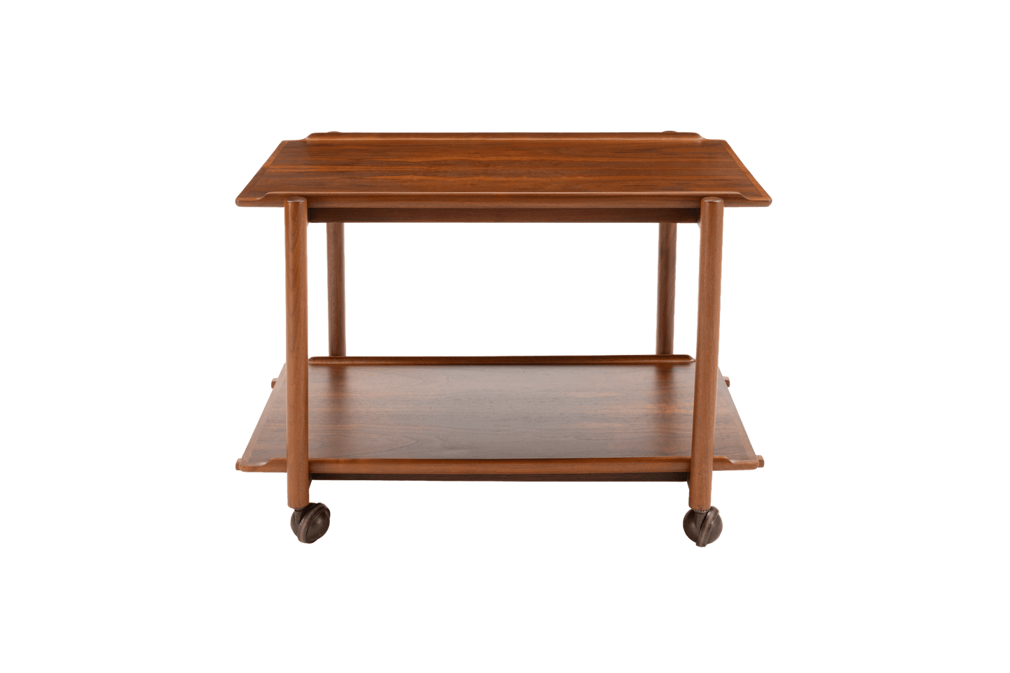 Poul Hundevad teak bar cart from the 1950s with expandable top and lower serving tray on casters