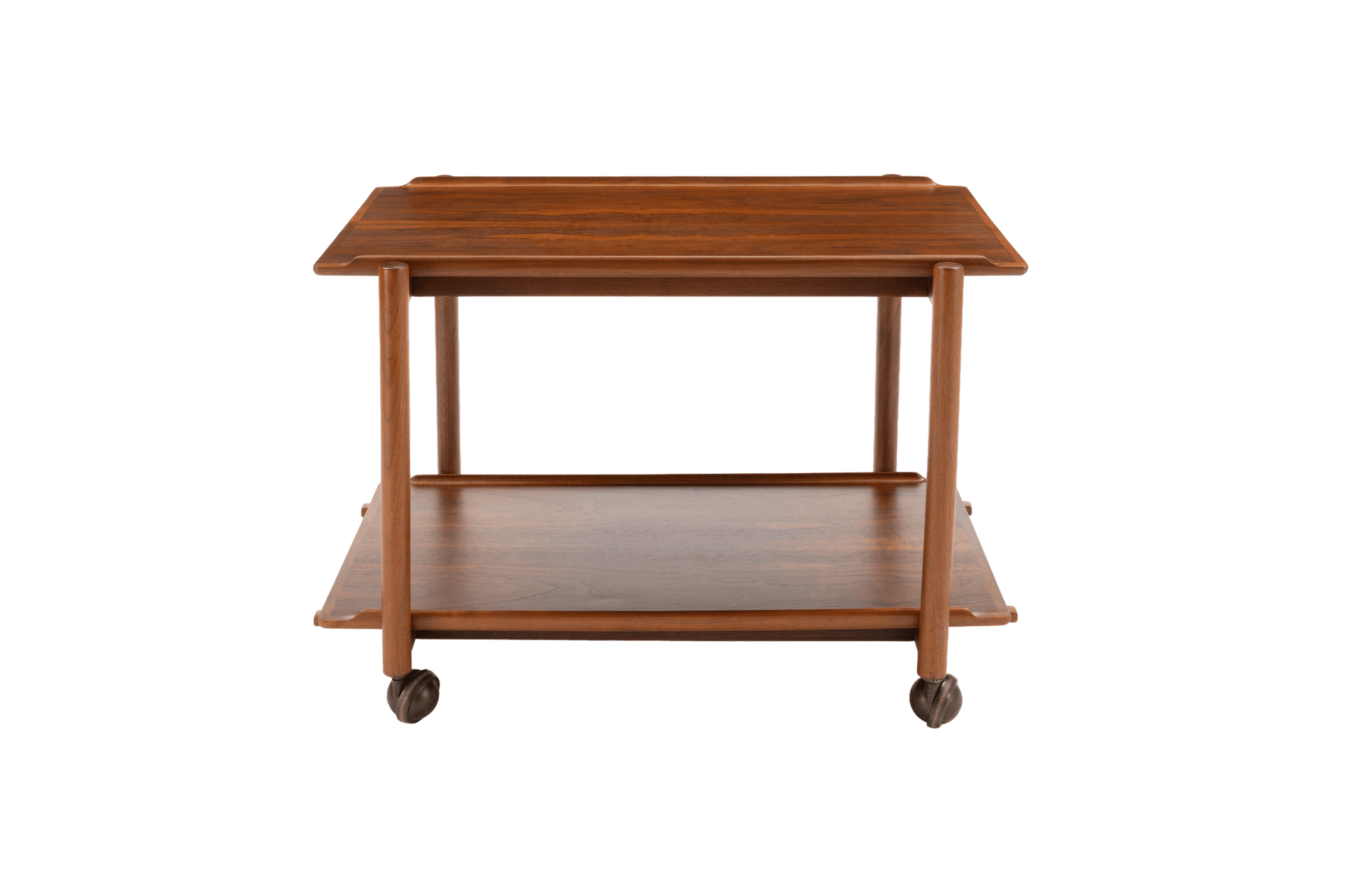 Poul Hundevad teak bar cart from the 1950s with expandable top and lower serving tray on casters