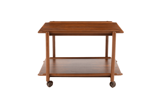 Poul Hundevad teak bar cart from the 1950s with expandable top and lower serving tray on casters