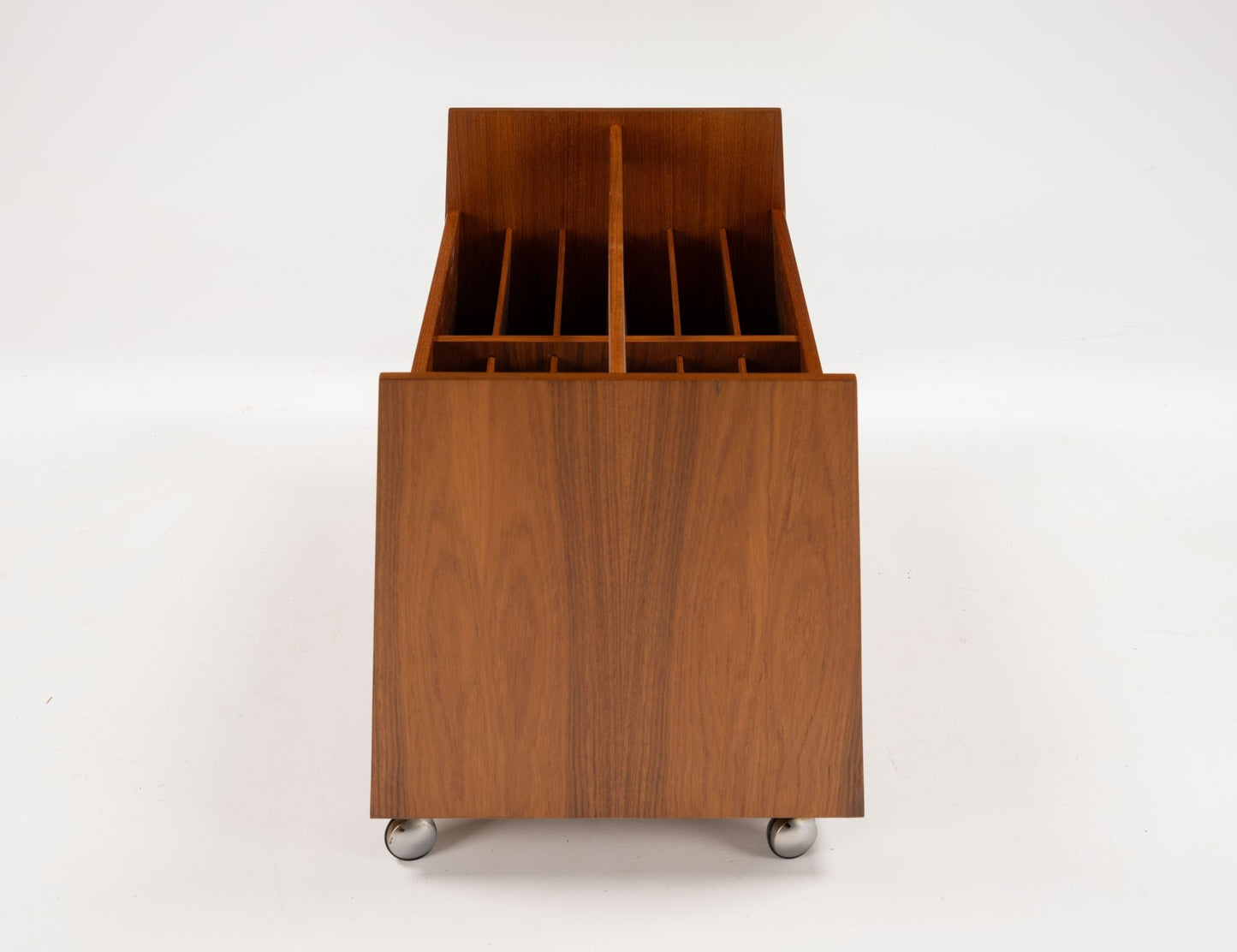 Mid-century modern double-wide teak record caddy with internal dividers and castors designed by Hesland from 1960s Norway